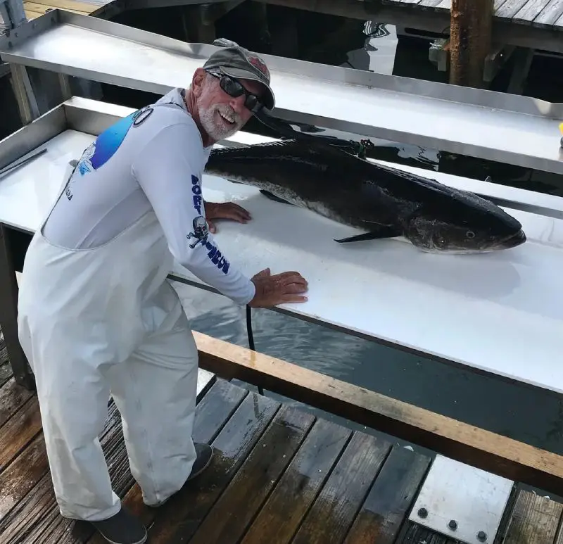 A man standing next to a large fish on a conveyer belt.